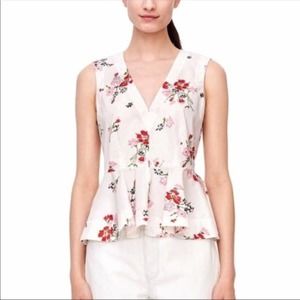 Rebecca Taylor- White V-neck Peplum Tank, zip back, pink/red floral print